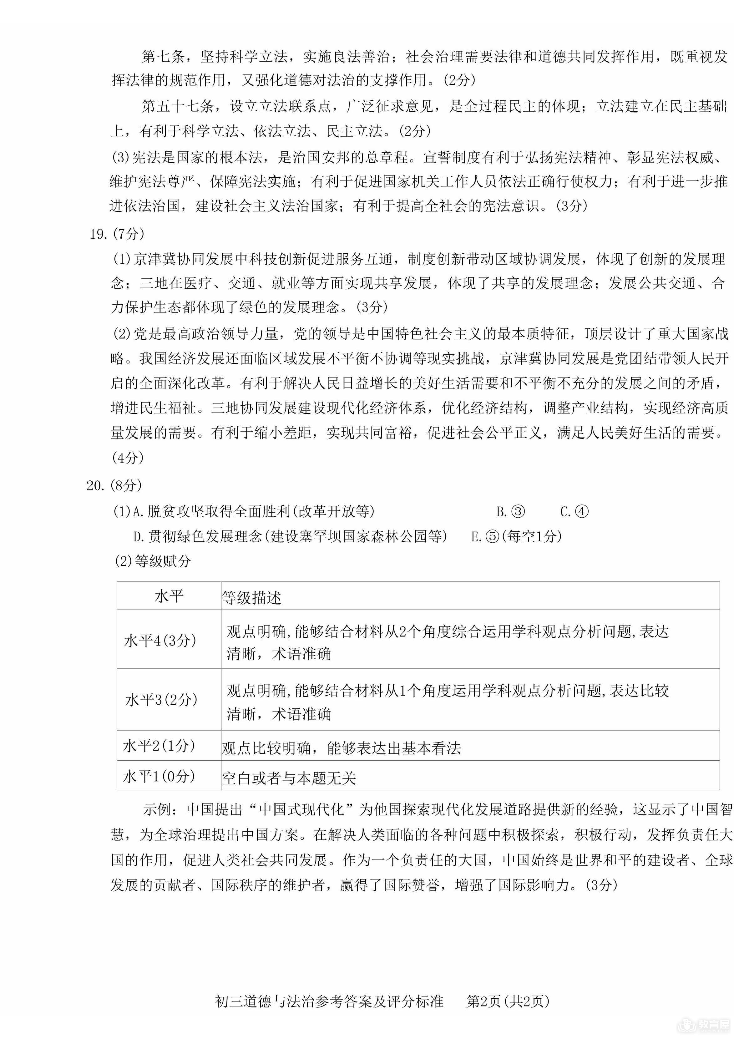 北京市通州区初三一模道德与法治试题及参考答案（2023）