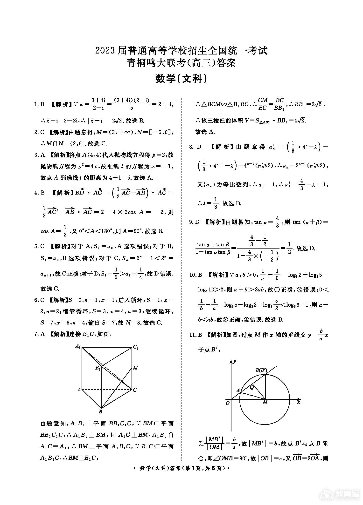 河南省青桐鸣大联考高三5月考试文数试题及答案（2023）