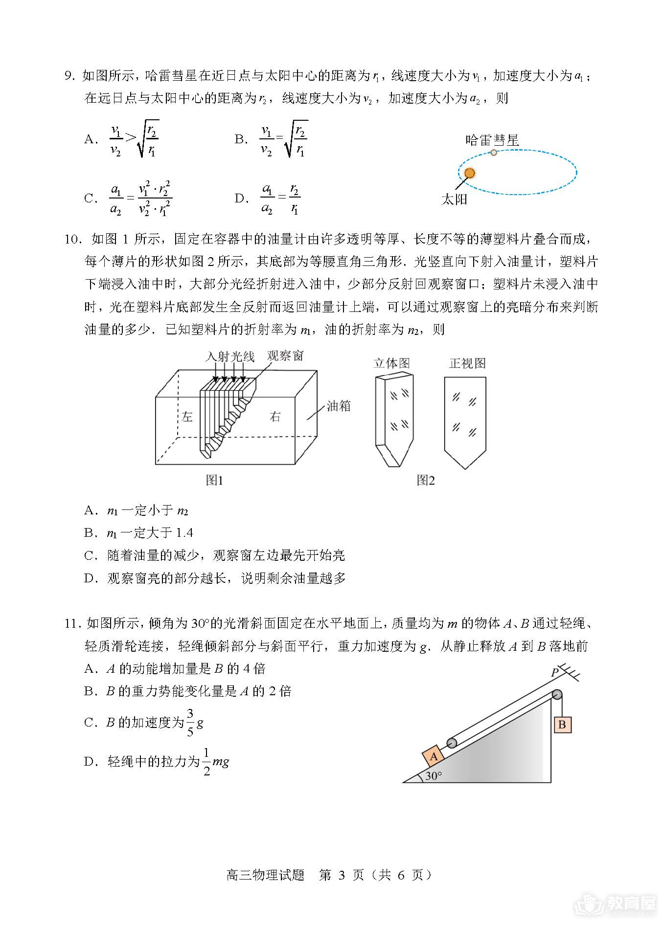 扬州市高三三模物理试题及参考答案（2023）