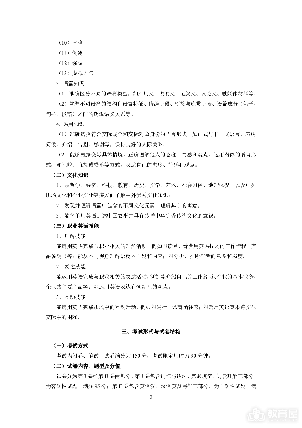天津市高职升本科英语考试大纲（2023年9月修订）