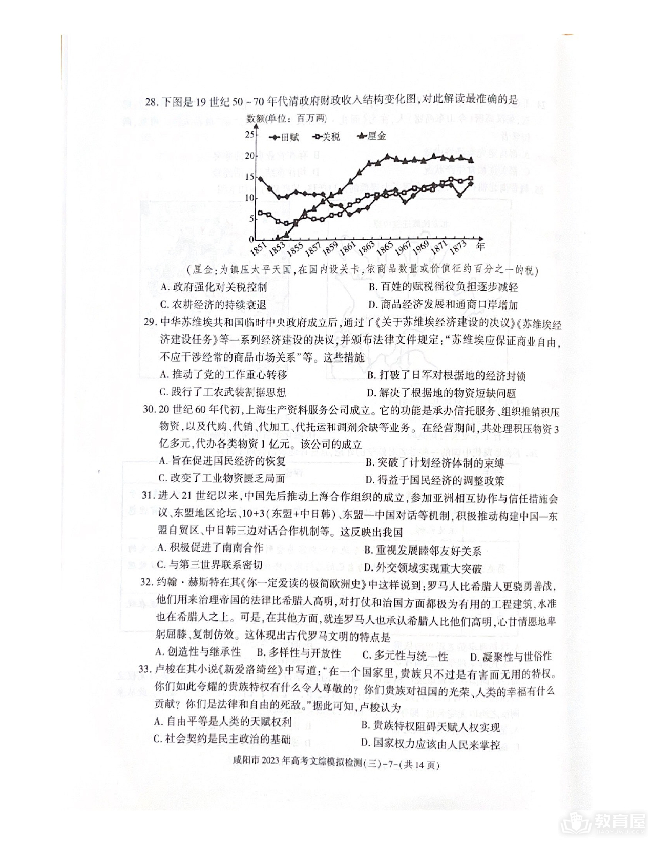 咸阳市高三三模文综试题及参考答案（2023）