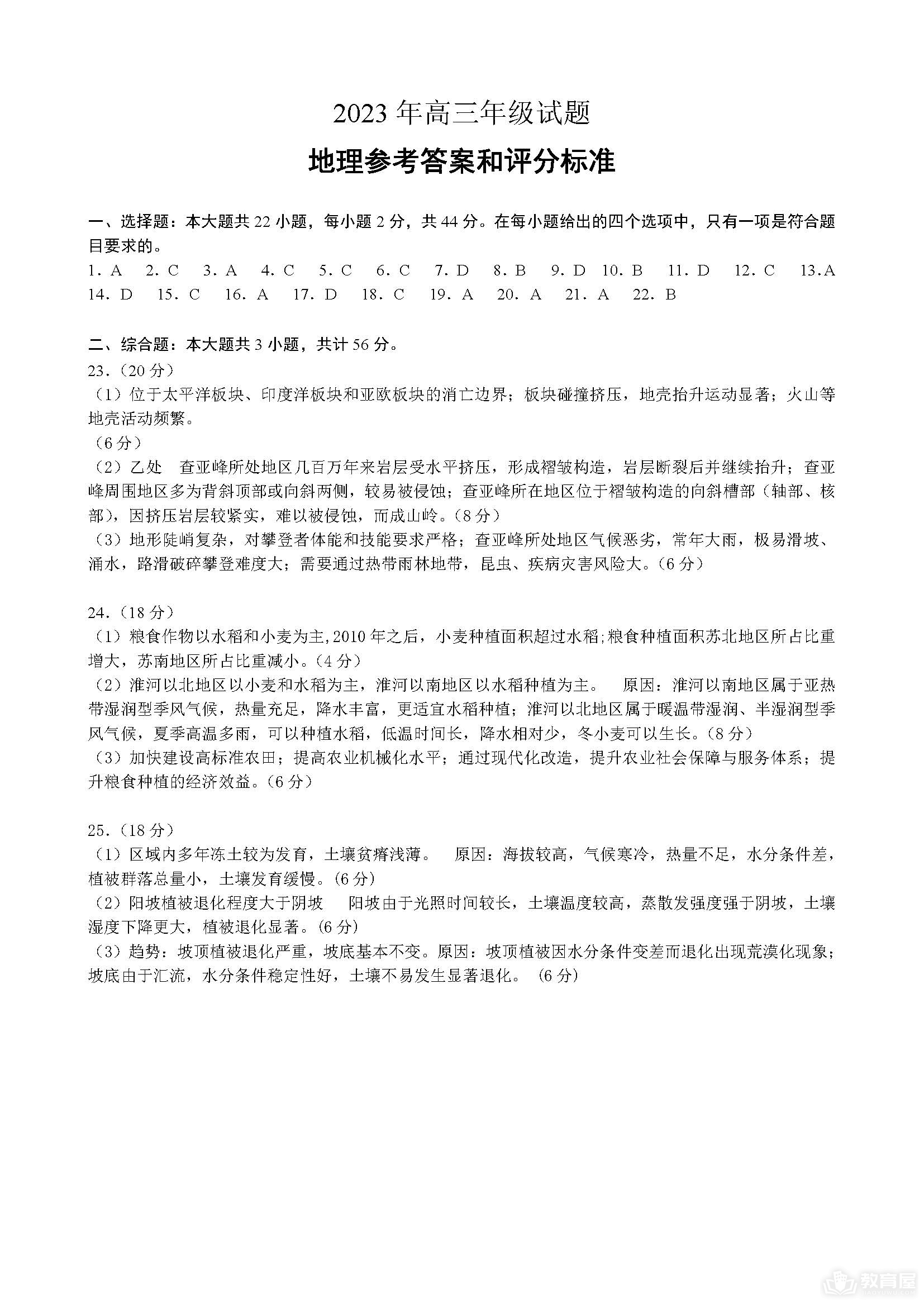 徐州市高三考前打靶地理试题及参考答案（2023）