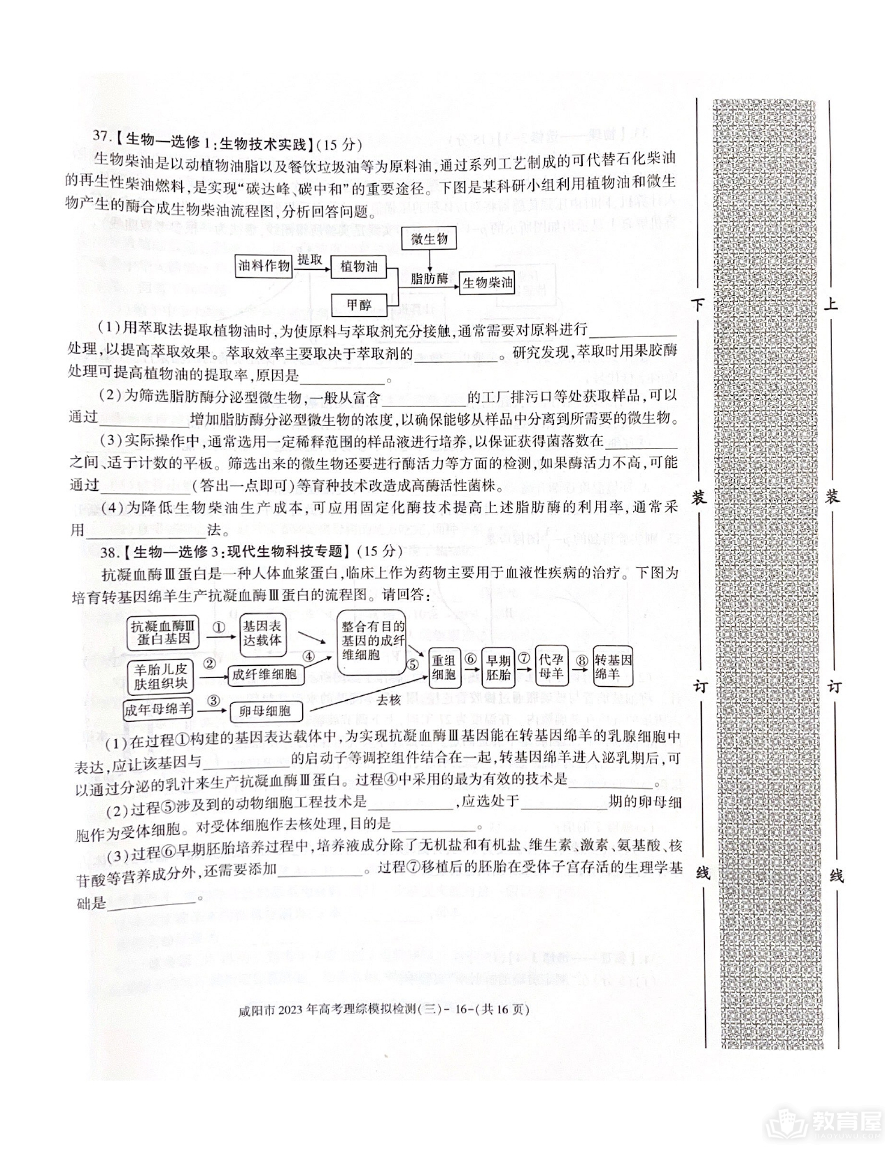 咸阳市高三三模理综试题及参考答案（2023）