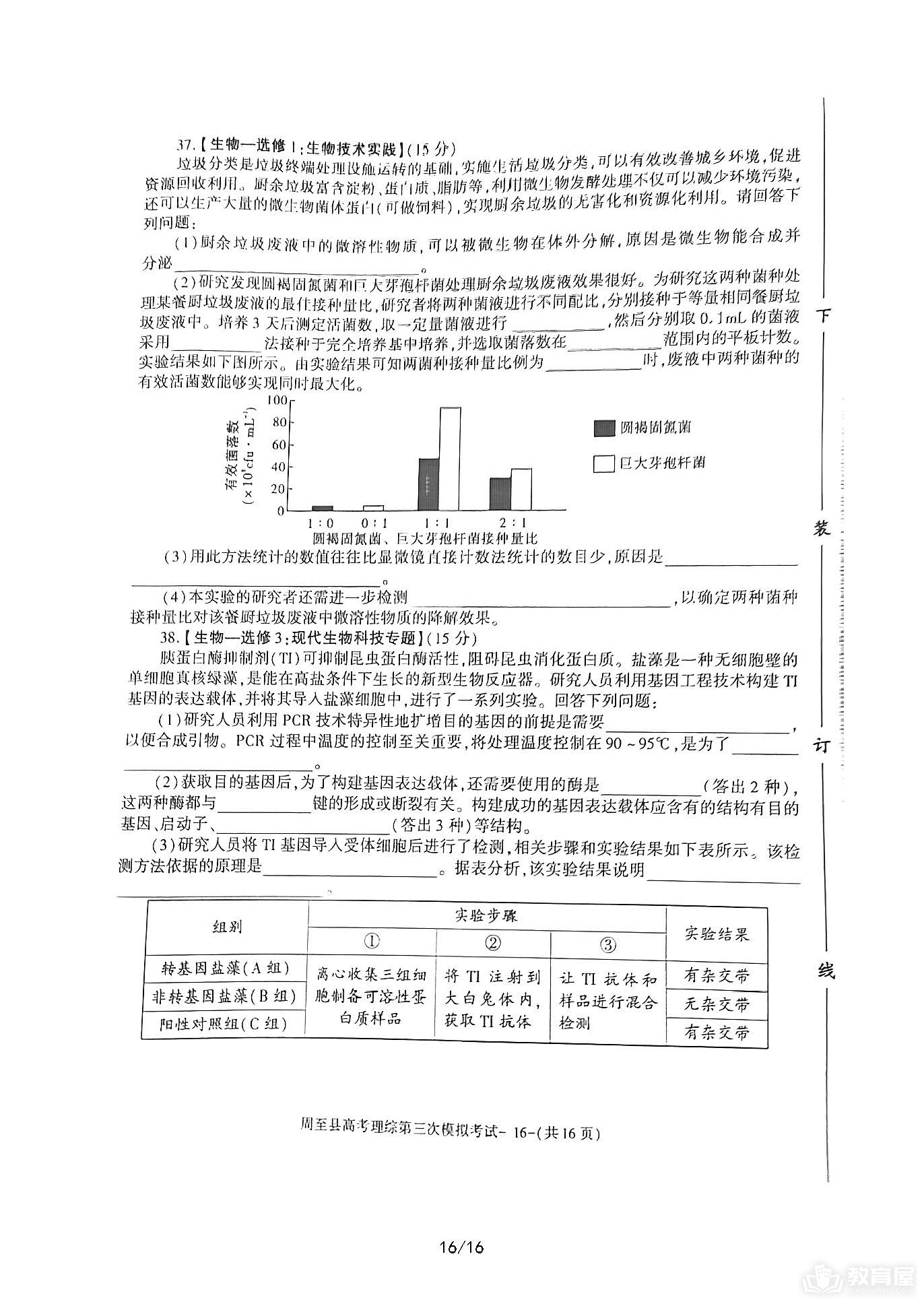 西安周至县高三三模理综试题及参考答案（2023）