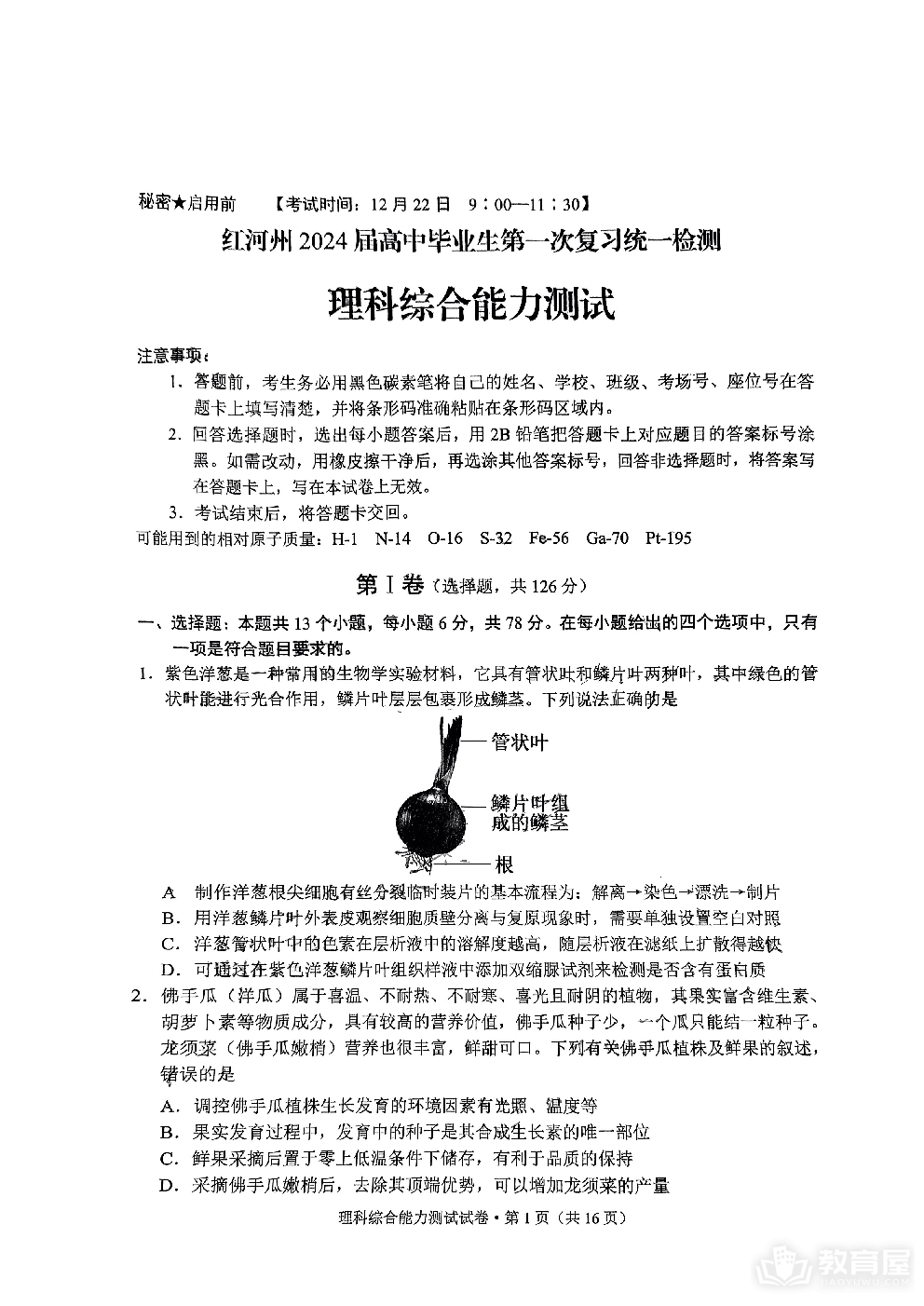 2024届云南省红河州高中毕业生第一次复习统一检测理综