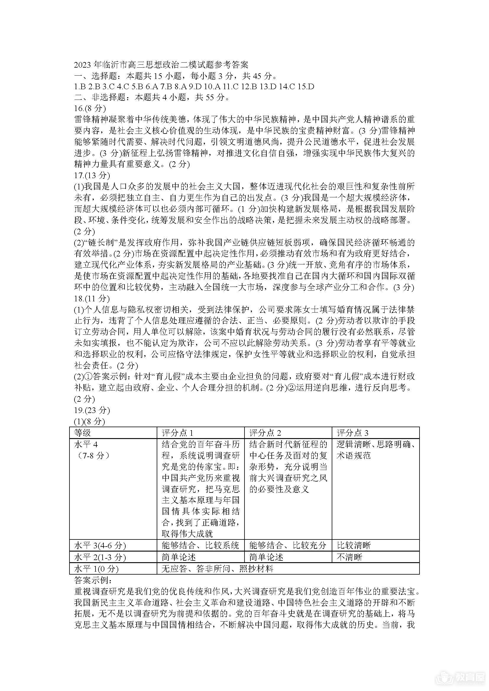临沂市高三二模政治试题及参考答案（2023）