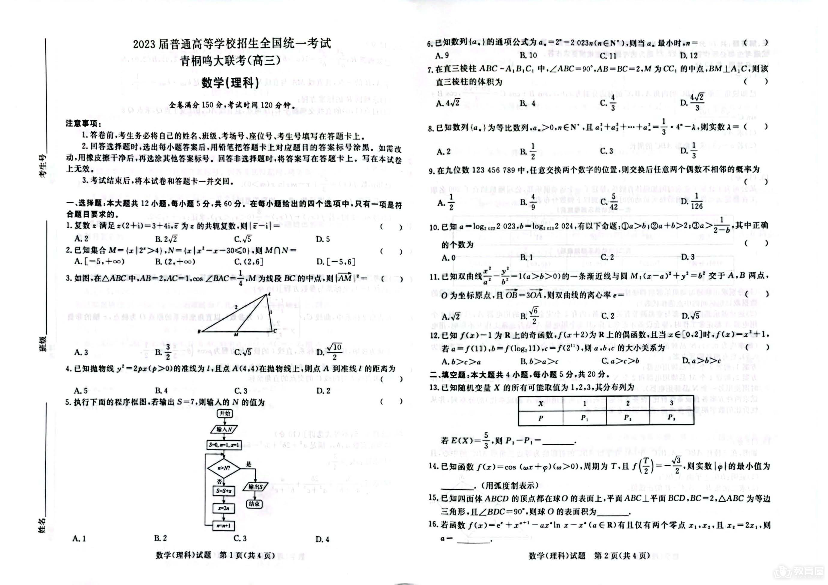 河南省青桐鸣大联考高三5月考试理数试题及答案（2023）