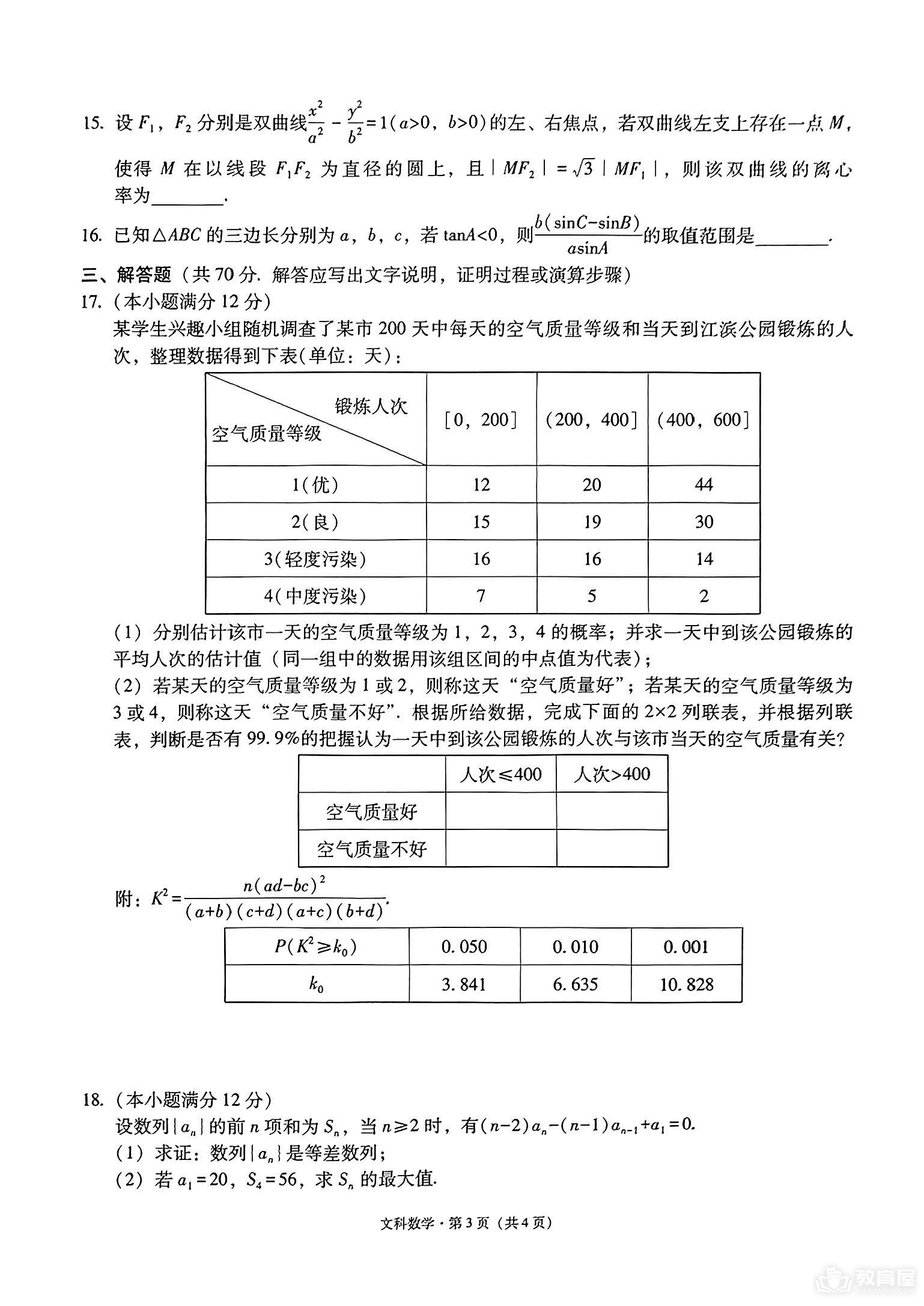贵阳市高三三联文数试题及参考答案（2023）