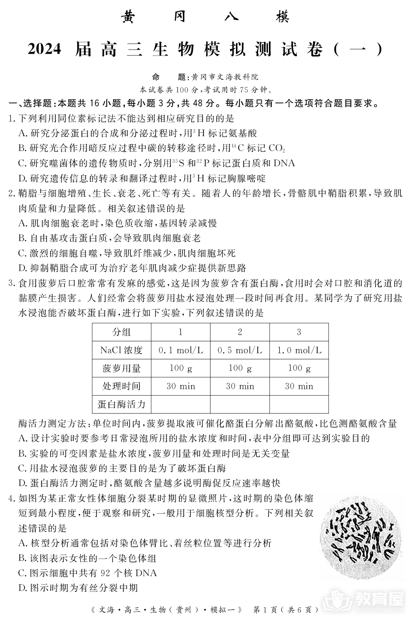 湖北省黄冈市2024届高三模拟测试卷（一）（黄冈八模）生物