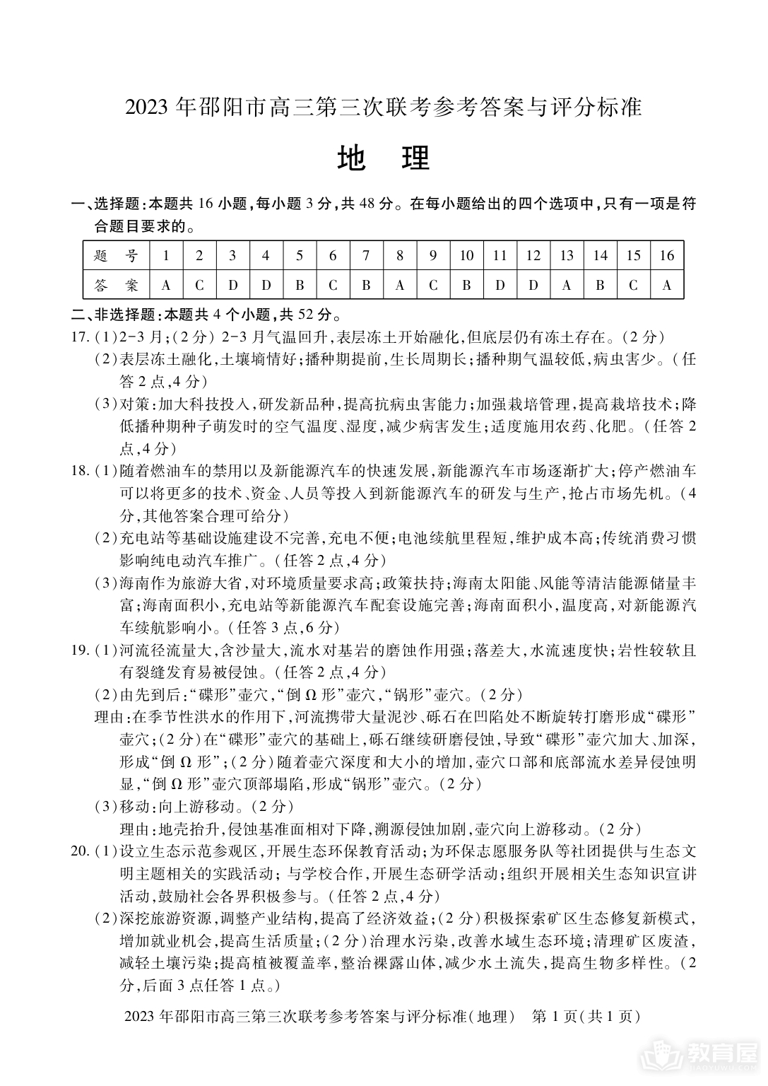 邵阳市高三三联地理试题及参考答案（2023）